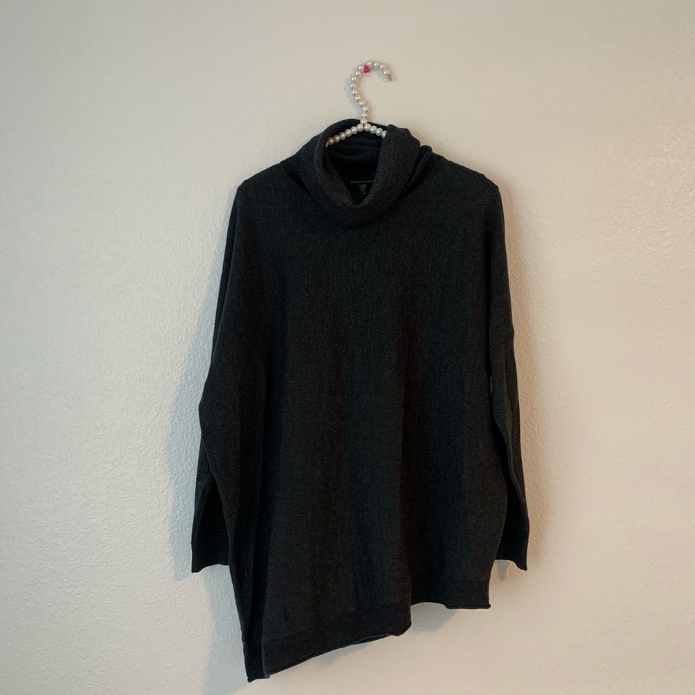 Eileen Fisher Merino Wool Charcoal GreyAsymmetrical Turtleneck Sweater Small EUC